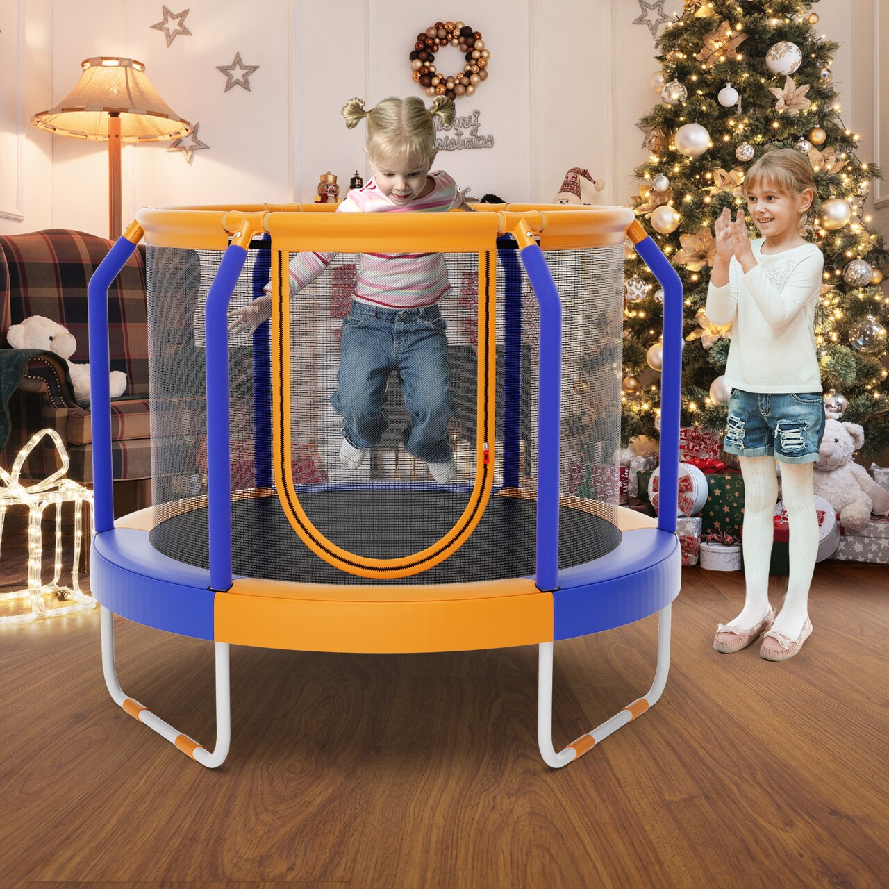 Kids Mini Trampoline with Enclosure and Reinforced Metal Frame for Safety